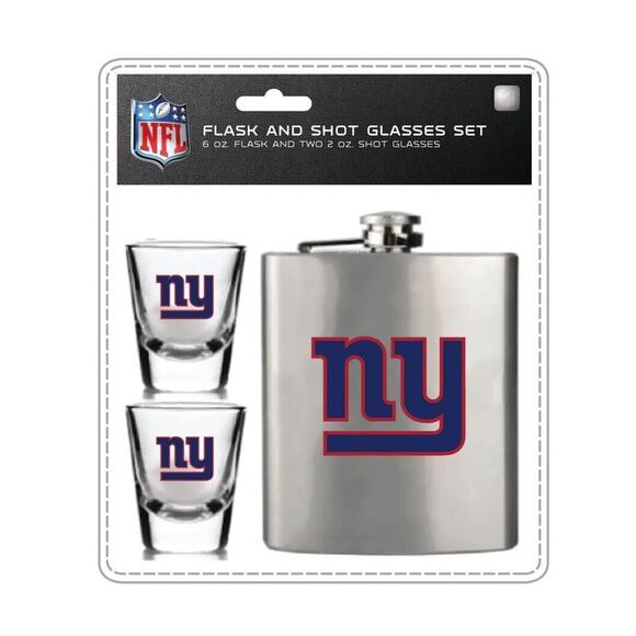 NEW YORK GIANTS Flask + 2 Shot Glasses Set Brushed Stainless Steel NFL Portable - Picture 1 of 5